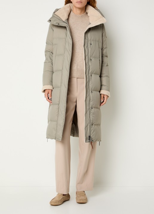 Moscow Xenia longline puffer jas met donsvulling en capuchon - voorkant 3 lindegroen