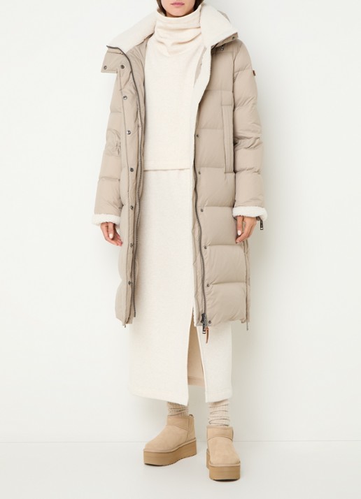 Moscow Xenia longline puffer jas met donsvulling en details van teddy - voorkant 4 taupe