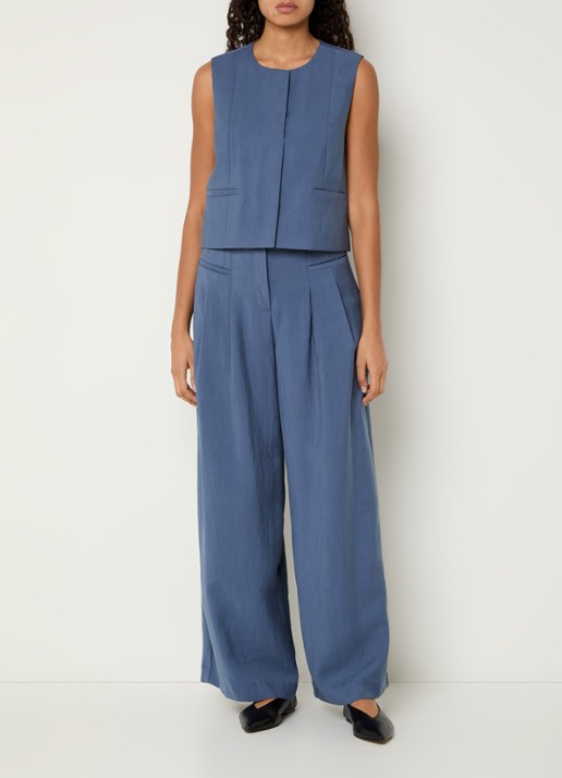 MSCH Copenhagen MSCHFrode high waist wide fit pantalon met paspelzakken - voorkant 2 staalblauw