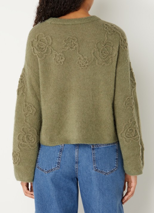 MSCH Copenhagen MSCHMiabelle Hope fijngebreide pullover in alpaca wolblend met bloemborduring - achterkant olijfgroen