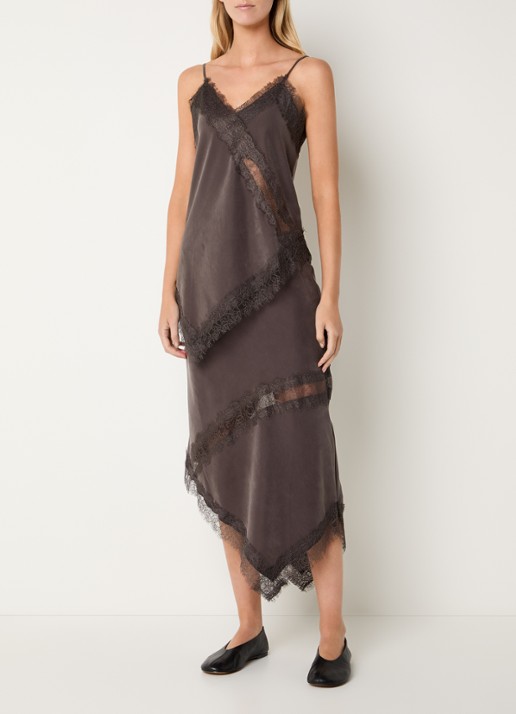 MSCH Copenhagen MSCHThea asymmetrische maxi rok met details van kant - voorkant 3 bruin