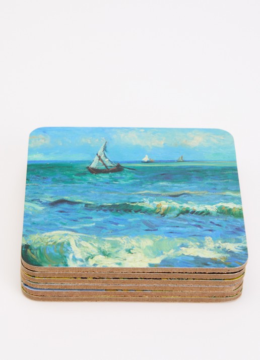 MTDay Van Gogh onderzetters van kurk set van 6 - voorkant 2 lichtblauw