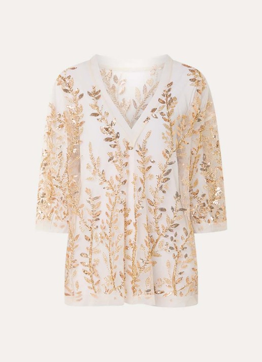 MUNTHE Babur semi-transparante top van mesh met strass en pailletten - voorkant 2 goud