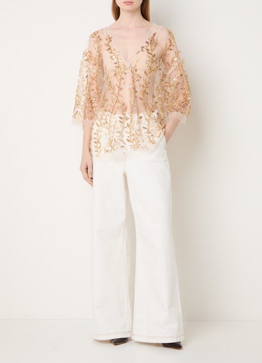 MUNTHE Babur semi-transparante top van mesh met strass en pailletten - voorkant 3 goud
