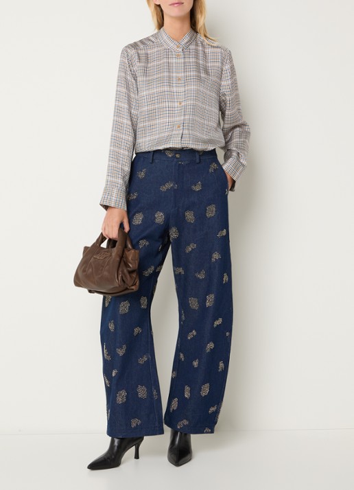 MUNTHE Blouse met sjaalkraag en ruitdessin - voorkant 2 lichtgrijs