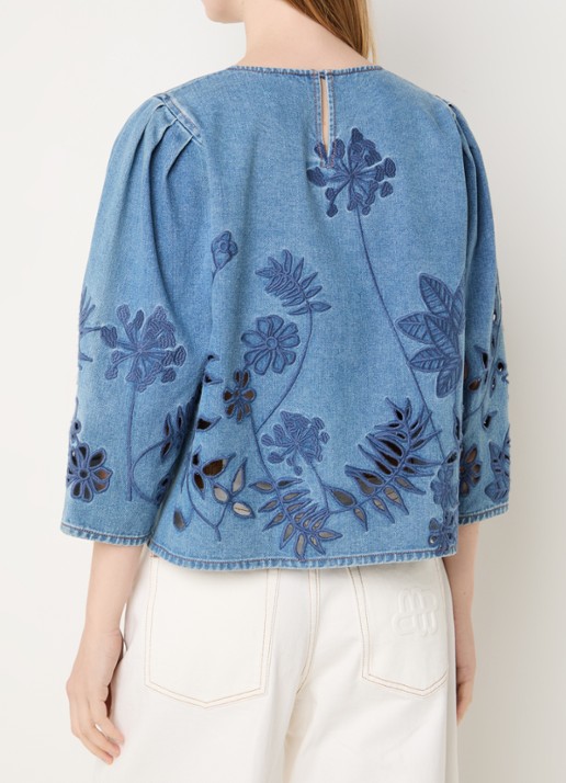 MUNTHE Bramble tuniek van denim met bloemborduring en opengewerkt detail - achterkant indigo