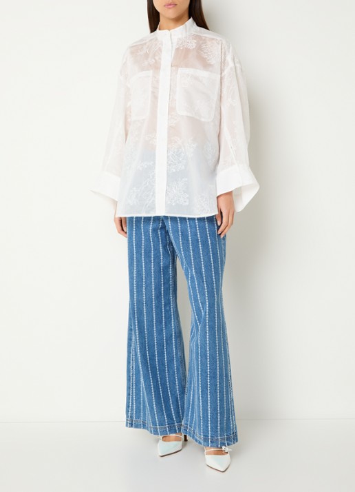 MUNTHE Fortunato oversized semi-transparante blouse met borduring - voorkant 2 wit