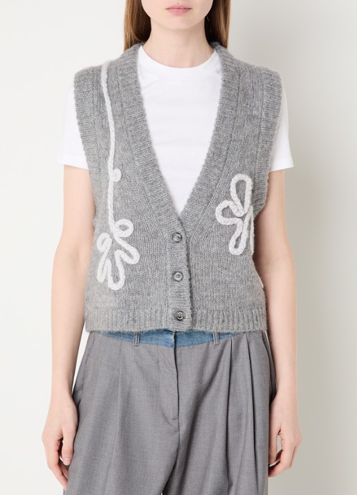 MUNTHE Grofgebreid gilet met borduring - achterkant 4 grijs