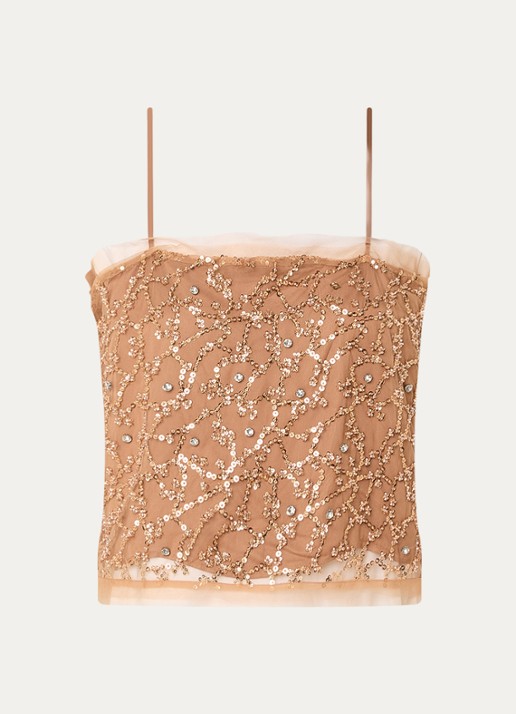 MUNTHE Nannali mouwloze top met strass - voorkant 3 lichtbruin