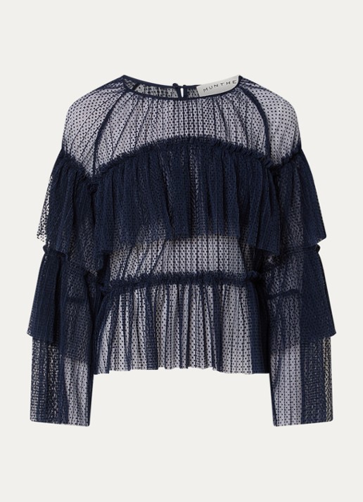 MUNTHE Naria semi-transparante top met stippenprint - voorkant donkerblauw