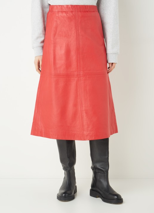 MUNTHE Nimb A-lijn midirok van lamsleer met steekzakken - detail donkerrood