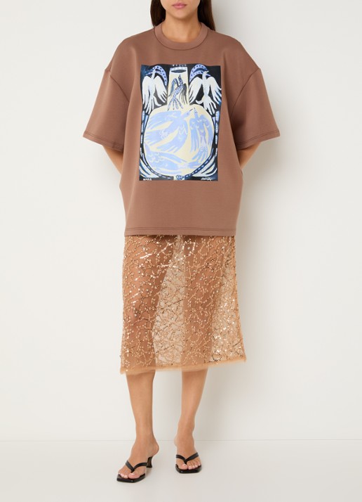 MUNTHE Ninia semi-transparante midi rok met strass - voorkant 3 lichtbruin