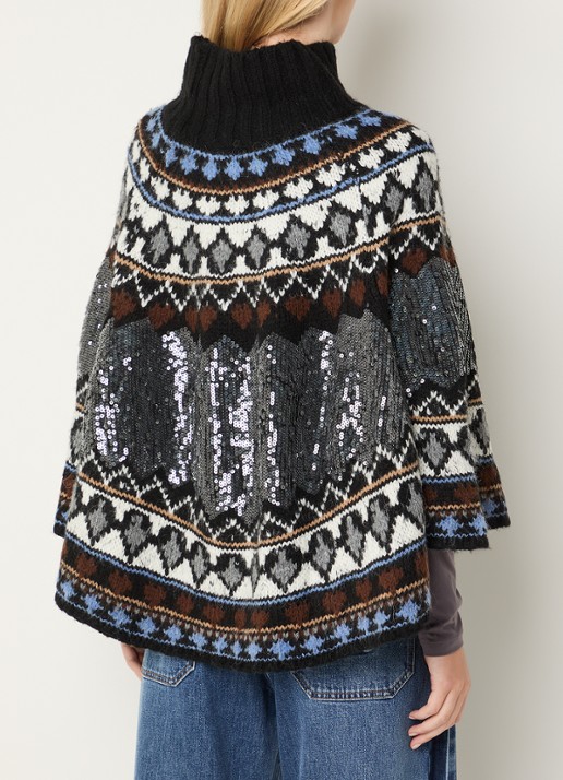 MUNTHE Verst grofgebreide poncho met pailletten en ingebreid patroon - achterkant 2 zwart