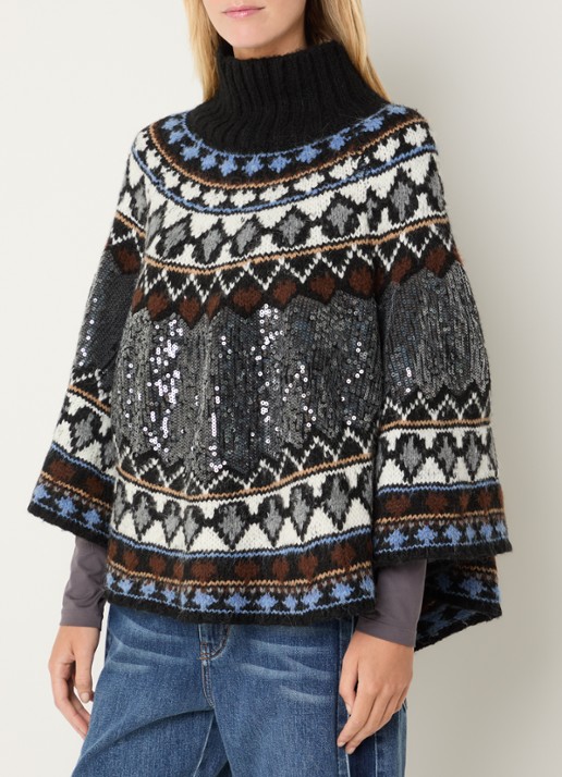 MUNTHE Verst grofgebreide poncho met pailletten en ingebreid patroon - detail zwart
