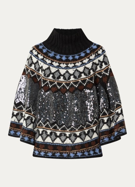 MUNTHE Verst grofgebreide poncho met pailletten en ingebreid patroon