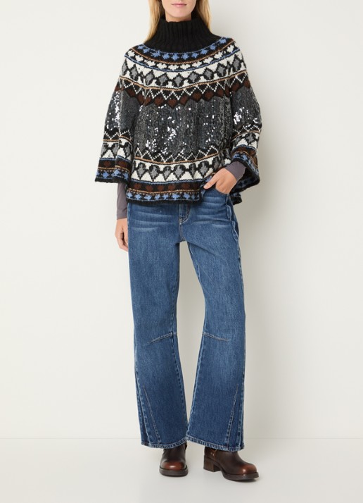 MUNTHE Verst grofgebreide poncho met pailletten en ingebreid patroon - voorkant 4 zwart