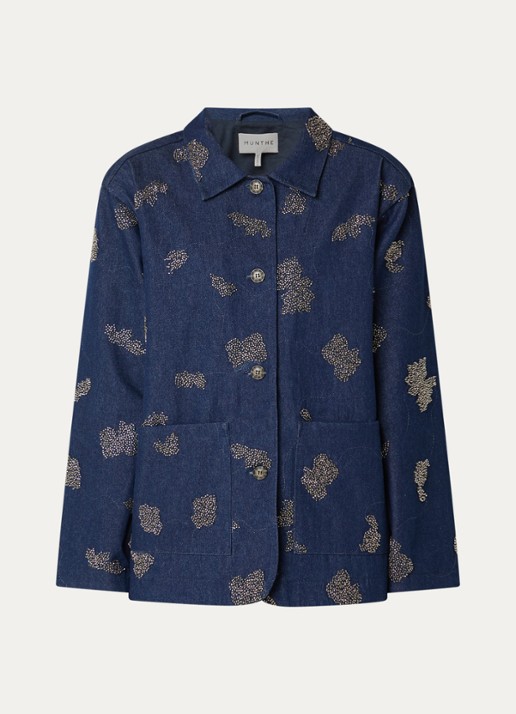 MUNTHE Vichola blouse van denim met kralendecoratie - voorkant indigo