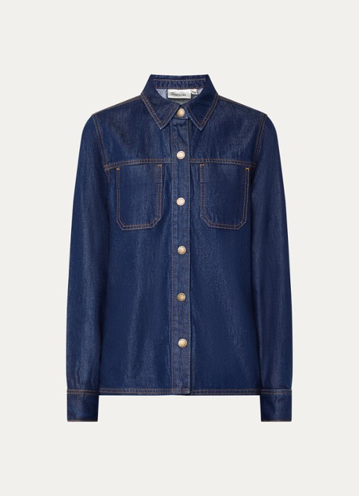 My Essential Wardrobe Ann blouse van denim met borstzakken - voorkant 2 indigo