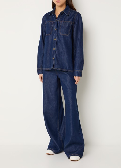 My Essential Wardrobe Ann blouse van denim met borstzakken - voorkant 3 indigo