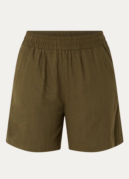 My Essential Wardrobe Dia high waist wide fit korte broek in linnenblend - voorkant 2 bronsgroen