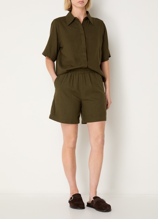 My Essential Wardrobe Dia high waist wide fit korte broek in linnenblend - voorkant 3 bronsgroen