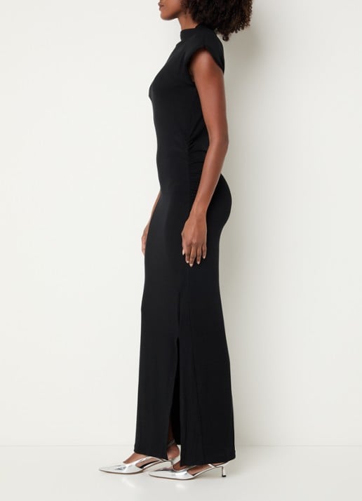 My Essential Wardrobe Giggo maxi jurk met schoudervulling en split - voorkant 4 zwart