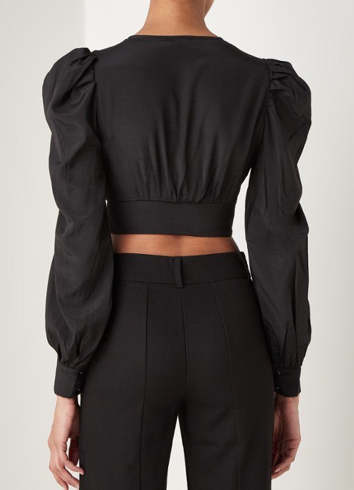 NA-KD Cropped blouse van satijn met ballonmouw - achterkant 4 zwart