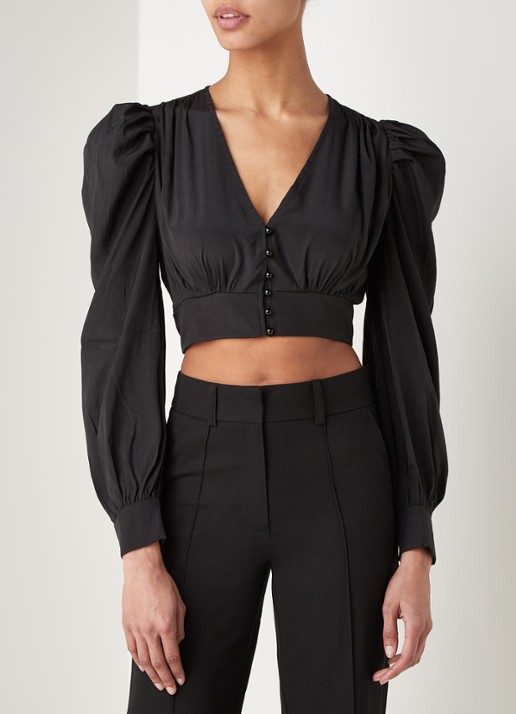 NA-KD Cropped blouse van satijn met ballonmouw - detail 3 zwart