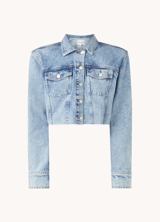NA-KD Cropped spijkerjas met gerafelde zoom en schoudervullingen - voorkant 2 indigo