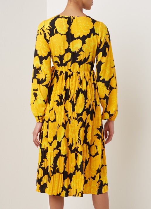 NA-KD Midi jurk met plissé en bloemenprint - achterkant geel