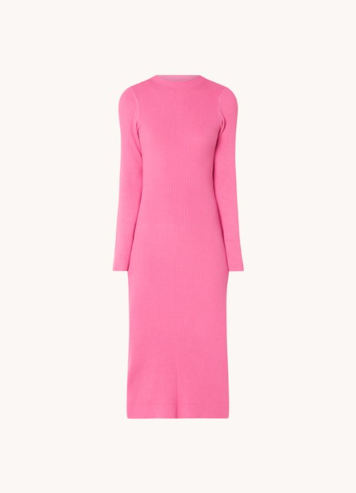 NA-KD Ribgebreide midi trui-jurk met lage col - voorkant 3 roze