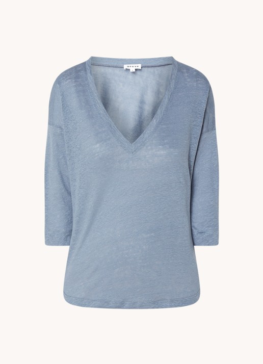 Neeve T-shirt van linnen met driekwart mouw en V-hals - voorkant 3 staalblauw