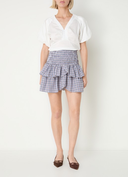 Neo Noir Carin mini plooirok met smockwerk - voorkant 4 donkerblauw