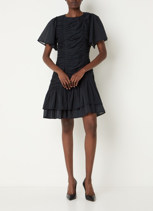 Neo Noir Circle S mini jurk met ruches en vlindermouw - voorkant 4 donkerblauw