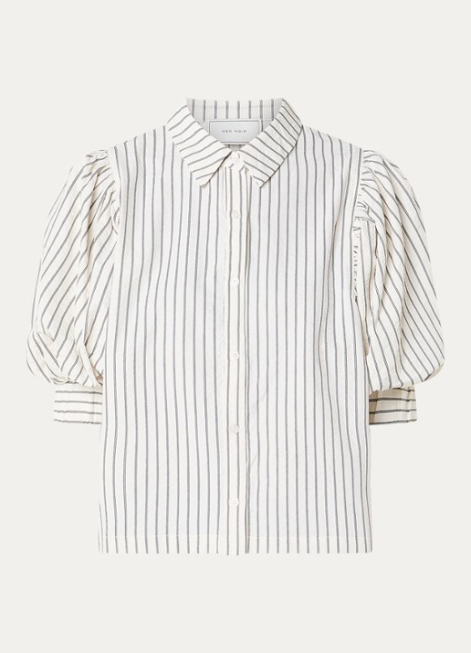Neo Noir Etta blouse met ballonmouw en streepprint - voorkant gebroken wit