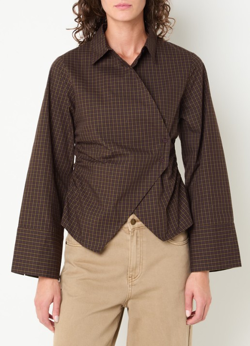 Neo Noir Fenli blouse met ruitdessin en asymmetrisch detail