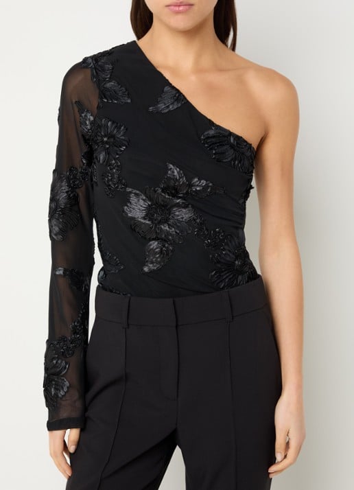 Neo Noir Friana one shoulder top met bloemborduring
