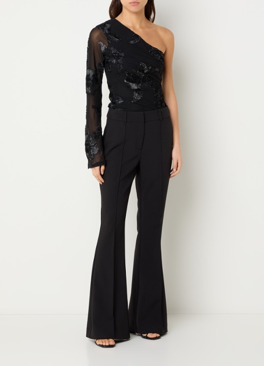 Neo Noir Friana one shoulder top met bloemborduring - voorkant 2 zwart