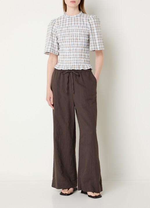 Neo Noir Heifa high waist wide fit broek in linnenblend met steekzakken  - voorkant 2 donkerbruin