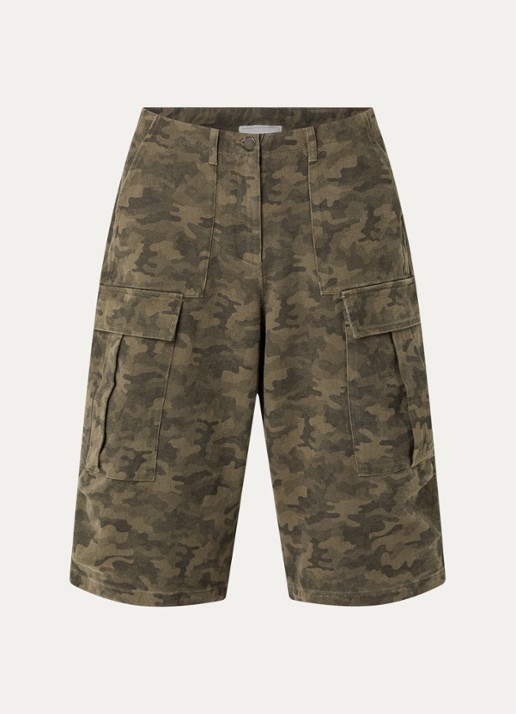 Neo Noir Islana high waist loose fit korte cargobroek met camouflageprint - voorkant legergroen