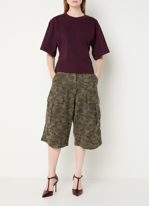 Neo Noir Islana high waist loose fit korte cargobroek met camouflageprint - voorkant 2 legergroen