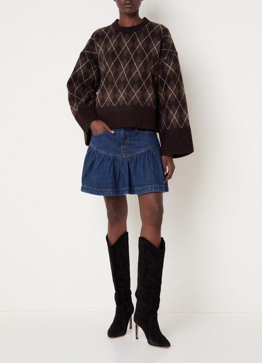 Neo Noir Kick fijngebreide pullover in wolblend met ruitdessin - voorkant 2 donkerbruin