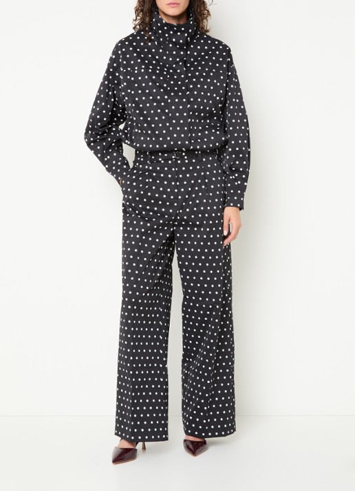 Neo Noir Malba high waist wide fit broek met ceintuur en stippenprint - voorkant 3 zwart
