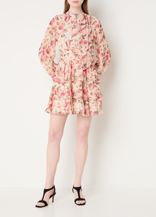 Neo Noir Mio mini jurk met bloemenprint en sjaalkraag - voorkant 2 creme