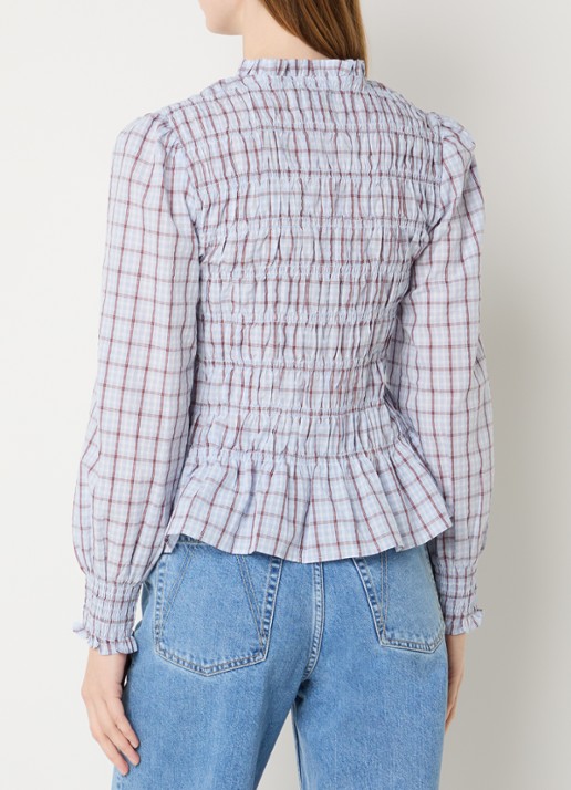 Neo Noir Mocca blouse met smockwerk en ruitdessin  - achterkant 4 lichtblauw