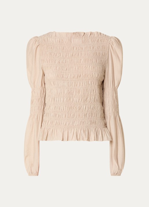Neo Noir Polka top met smockwerk  - voorkant 2 zand