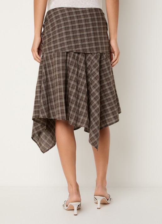 Neo Noir Sabella asymmetrische midi rok met ruitdessin en geknoopt detail - achterkant 4 lichtbruin