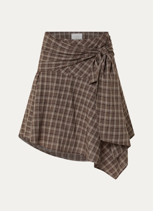 Neo Noir Sabella asymmetrische midi rok met ruitdessin en geknoopt detail - voorkant 2 lichtbruin