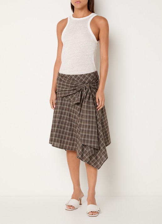 Neo Noir Sabella asymmetrische midi rok met ruitdessin en geknoopt detail - voorkant 3 lichtbruin