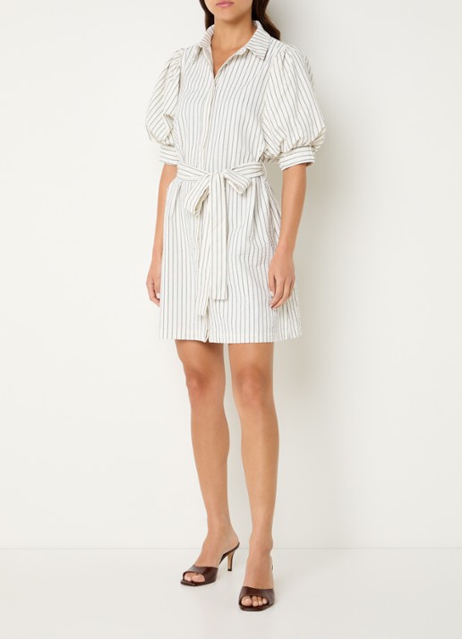 Neo Noir Serene mini blouse jurk met streepprint en strikceintuur  - voorkant 3 gebroken wit